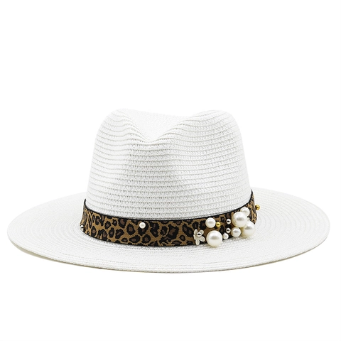 Fedora Panama Hat Paper Straw Wide Brim Sun Protection Leopard Print Band Artificial Pearl Flower Decor Summer Beach Vacation Women