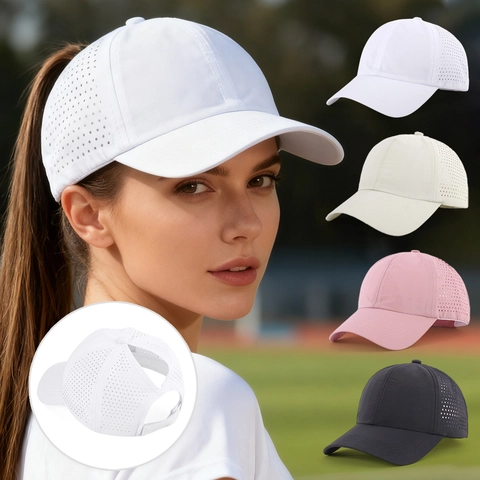 Ponytail Baseball Cap For Women Breathable Laser Cut Holes Quick Dry Outdoor Sports Sun Hat Polyester Solid Color Adjustable