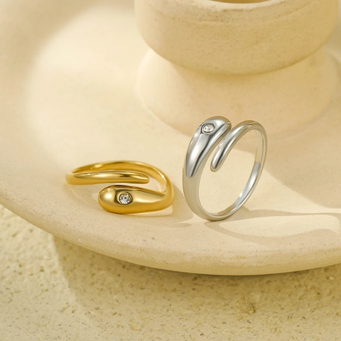 Anello Aperto Geometrico In Acciaio Inossidabile Forma A Serpente Con Strass Elegante Gioiello Regolabile Per Donna Regalo Di Festa
