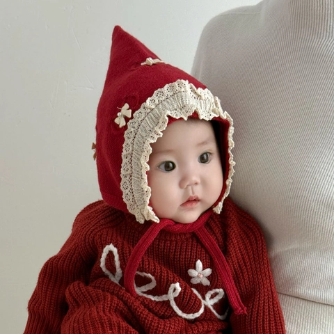 Gorro De Pixie Tejido Para Bebé Con Encaje Y Lazo Perla Artificial Sombrero Princesa Cálido Protección Orejas Para Bebés