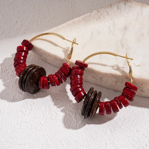 Bohemian Ethnic Coconut Shell Beaded Hoop Earrings With 925 Sterling Silver Earring Post Retro Geometric Red Brown