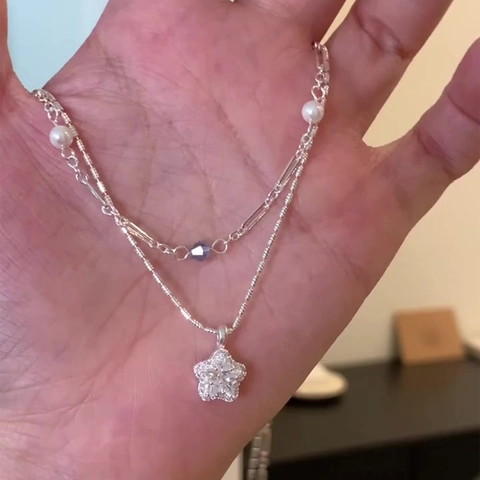 Collana Con Ciondolo A Stella A Doppio Strato Zircone Künstliche Perle Artificiali Perline Lega Catena Da Clavicola Per Donna