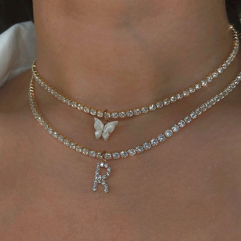 Minimalistische Messing Zirkonia Buchstaben Anhänger Halskette Für Damen Luxus Vergoldet Silber Alphabet Choker Schmuck