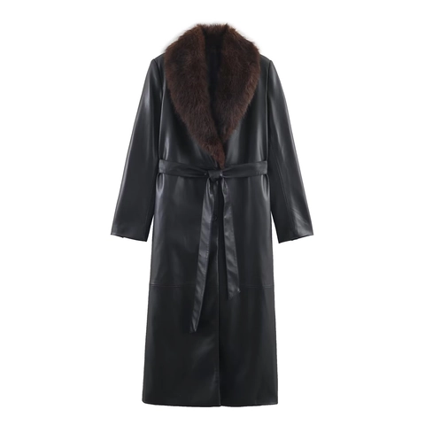 Lange Damesmantel Van Kunstleer Met Afneembare Bontkraag Riem Winter Trenchcoat Elegant Zwart Outwear