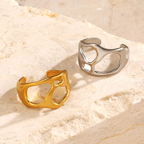 Irregular Hollow Out Open Ring Stainless Steel Liquid Metal Geometric Adjustable Jewelry For Women Fashion Minimalist