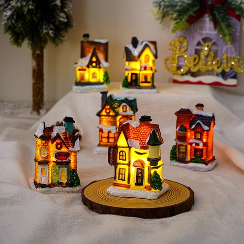 LED Lighted Christmas Village House Ornaments Resin Miniature Snow Covered Building Desktop Decorative Landscape Gift