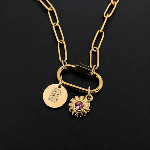 Roestvrijstalen Beginletter Hanger Ketting 14K Verguld Strass Zonnebloem Bedel Paperclip Ketting Voor Dames