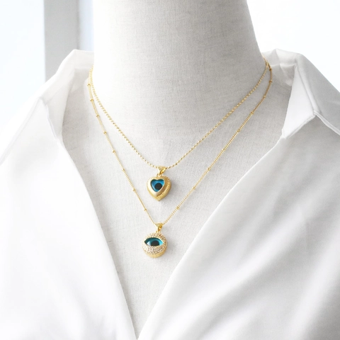 Evil Eye Heart Round Pendant Necklace 18K Gold Plated Copper Micro Inlaid Zirconia Boho Chic Jewelry Gift For Women