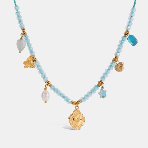 Collier Pendentif Perles Or 18K Plaqué Acier Inoxydable Perles Bleues Coeur Papillon Étoile Charmes Bijoux Plage Boho Femmes