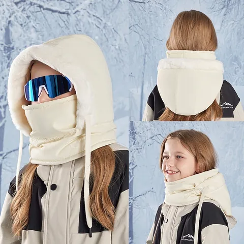 Kinder Winter Sturmhaube Integrierte Maske Halswärmer Winddicht Thermisch Kunstfell Gefüttert Kapuze Für Jungen Mädchen