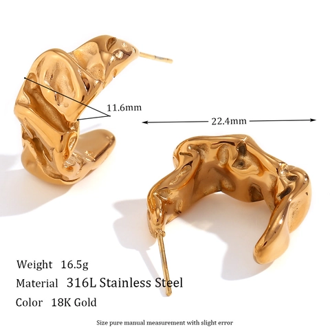 French Minimalist Stainless Steel Moon Shape Irregular Folded Stud Earrings 18K Gold Plated Lava Texture Fashion Jewelry For Women