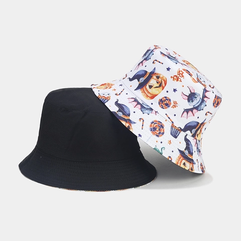 Reversible Halloween Bucket Hat Polyester Pumpkin Skeleton Print Breathable Sunshade Unisex Retro Party Accessory Cap