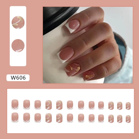 French Press On Nails White Tips Marble Pattern With Gold Foil Short Square False Nails For Women