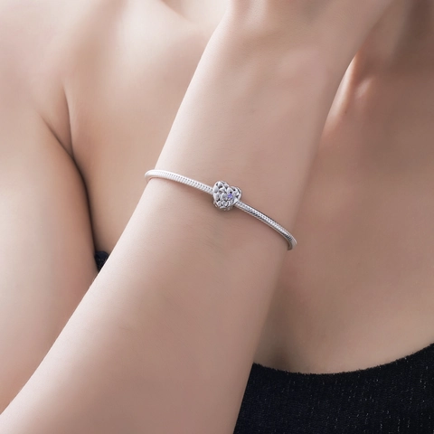 S925 Sterling Silver Purple Zirconia Heart Bead Charm Hollow Out Embossed Heart DIY Jewelry Accessory For Women Bracelet