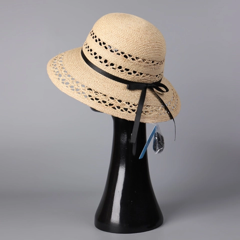 Raffia Straw Sun Hat Hollow Out Wide Brim Black Ribbon Bow Summer Beach Vacation French Style Elegant Dome Top