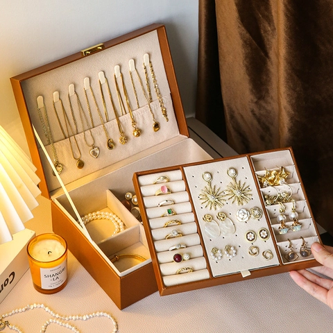 Multi Layer Jewelry Box PU Leather Storage Organizer For Necklaces Rings Earrings Bracelet Watch Velvet Lining Locking Case