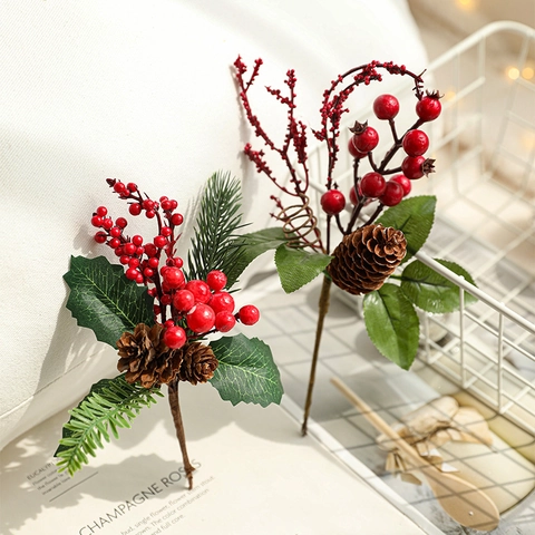 Christmas Artificial Pine Cone Berry Branches Picks Frosted Pine Needles Plastic Foam Decoration For Holiday Home Party