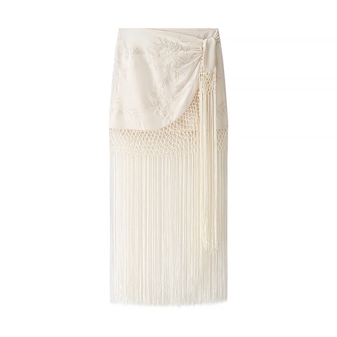 Minigonna Da Donna Con Ricamo Floreale E Frange Lunghe Giunzione In Rete Nodo Laterale Bodycon Bianco Crema Elegante
