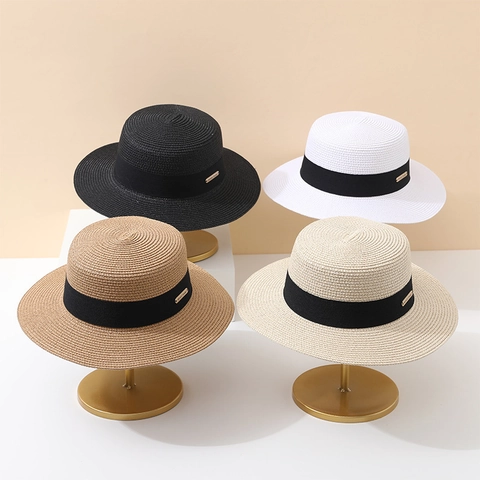 Boater Hat Woven Straw Sun Protection Summer Beach British Vintage Style Ribbon Decoration Adjustable Elegant For Women