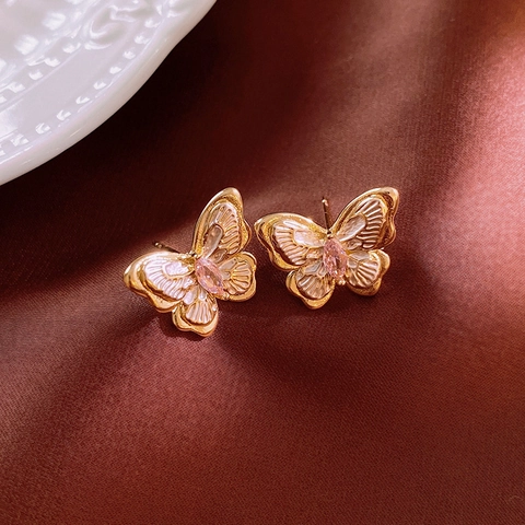 Butterfly Stud Earrings Zircon Copper Gold Plated French Elegant Niche Jewelry With Silver Earring Post