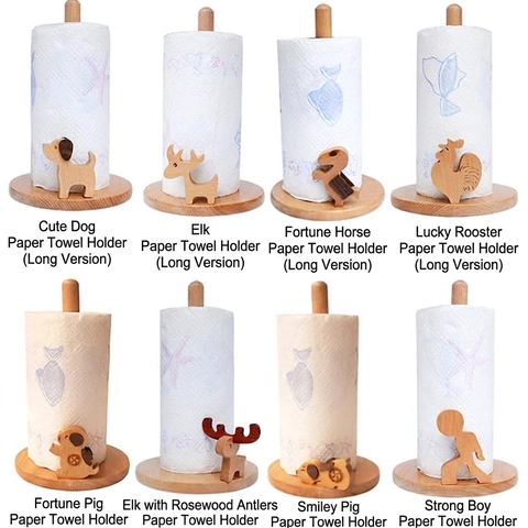 Vertical Solid Wood Paper Towel Holder Standing Roll Paper Rack Beech Walnut Cartoon Animal Desktop Storage Organizer