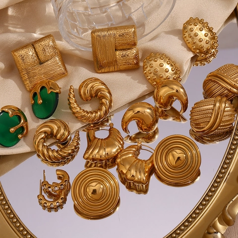 Vintage 316L Edelstahl Ohrstecker 18K Vergoldet Geometrisch Spirale Herz Texturiert Hypoallergen Für Frauen