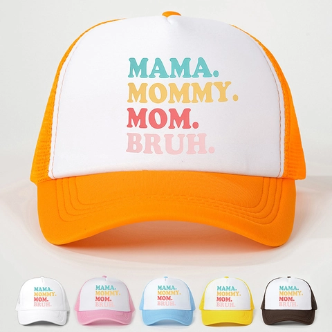 Women Trucker Hat MAMA MOMMY MOM BRUH Letter Print Colorful Mesh Cap Adjustable Breathable Sun Hat Polyester Sponge