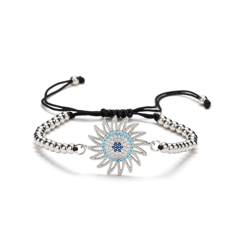 Bracciale Charm Girasole Malocchio Rame Zirconia Regolabile Corda Intrecciata Gioielli Bohémien Etnici Per Donna