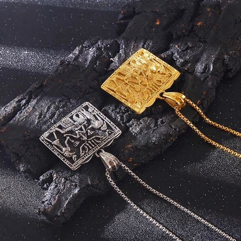 Ancient Egyptian Hieroglyphs Pharaoh Pendant 316L Stainless Steel Retro Punk Square Plate Symbolic Jewelry For Men