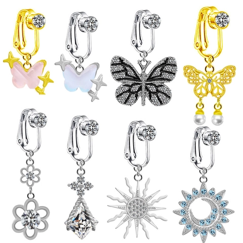 Non Pierced Fake Belly Button Ring For Women Butterfly Sun Moon Design Rhinestone Zinc Alloy Body Jewelry Clip On Belly Decor