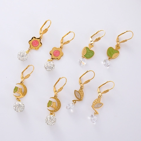 Orecchini A Monachella In Acciaio Inossidabile Placcati Oro Con Strass Zircone Mela Gufo Fiore Foglia Per Donna