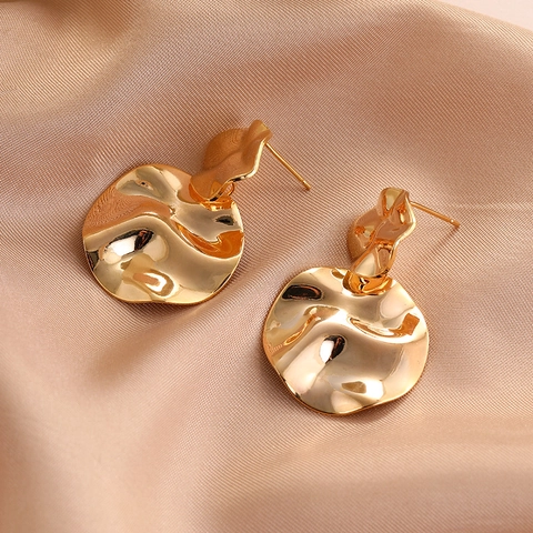 Orecchini a Bottone Irregolari Vintage Francese Incrinatura dell'Acqua Rame Placcato Oro Geometrici Tondi Minimalisti Oro Donna Gioielli