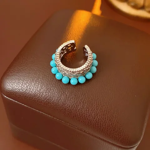 Vintage Hollow Copper Ear Cuff With Turquoise Beads And Zircon Bohemian Retro Double Layer Non Piercing Jewelry Women