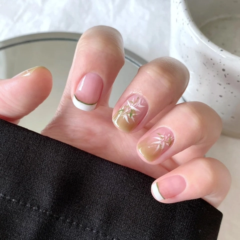 Press On Nails Green White Gradient Bamboo Pattern Chinese Style Short Square Artificial False Fingernails For Women