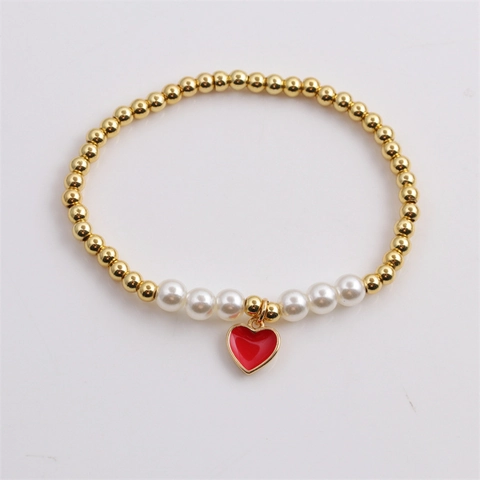 Heart Charm Beaded Bracelet Gold Copper Beads White Faux Artificial Pearls Enamel Heart Pendant Elastic Stretchy Sweet Style