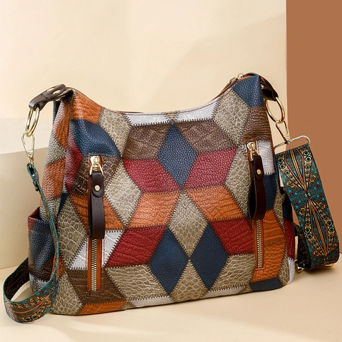 Damen PU Leder Umhängetasche Patchwork Geometrische Raute Muster Breiter Riemen Große Kapazität Retro Bohemian Schultertasche