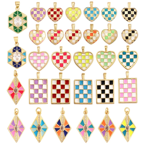 Ciondoli Pendenti Cuore Scacchiera Smalto Rame Geometrici Placcati Oro Con Zirconi Per Creazione Gioielli DIY