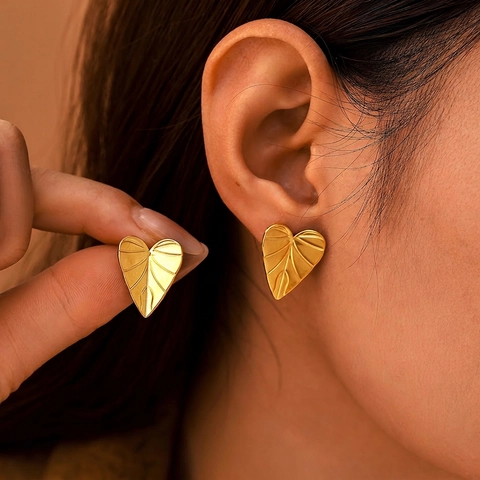 Heart Shaped Leaf Texture Stud Earrings Stainless Steel PVD Plated Minimalist Nature Jewelry For Women