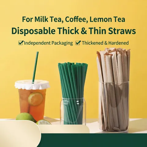 Disposable Plastic Biodegradable Drinking Straws Individually Paper Wrapped Pointed Flat Mouth For Bubble Tea Dark Green