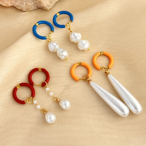 Vintage Roestvrij Staal Kunstparel Creolen Emaille Druppel Geometrische Hangende Oorbellen Voor Vrouwen Mode Sieraden