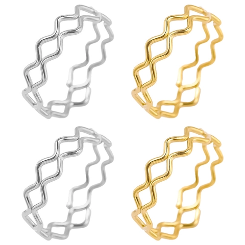 Double Layer Wave Ring Stainless Steel Plated Gold Zigzag Stacking Minimalist Fashion Finger Jewelry For Women Men