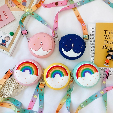 Kids Silicone Crossbody Bag Mini Round Coin Purse Rainbow Rocket Pattern Adjustable Printed Strap Cute Fashion Accessory