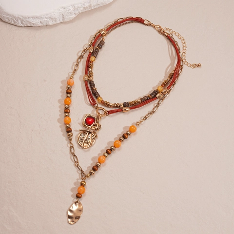 Bohemian Multi Layer Necklace Alloy Wood Resin Beads Leaf Butterfly Coin Pendant Retro Ethnic Style Jewelry For Women
