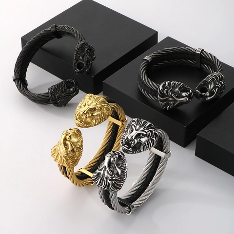 Lion Head Cuff Bracelet Stainless Steel And Cowhide Leather Cable Wire Rope Punk Biker Jewelry For Men
