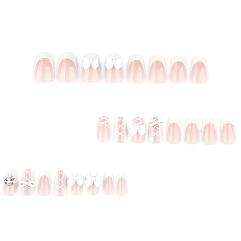 Uñas Postizas Largas Ataúd Francesas Blancas 3D Lazo Perla Artificial Elegante Dulce Manicura Para Mujeres