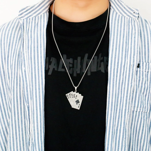 Poker Card Royal Flush Pendant Necklace Alloy Encrusted With Rhinestones Stainless Steel Box Chain Hip Hop Street Style