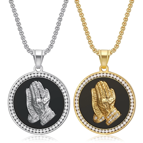 Hip Hop Titanium Steel Circle Praying Hands Pendant Necklace For Men Women Gold Silver Color Micro Inlaid Zirconia Jewelry