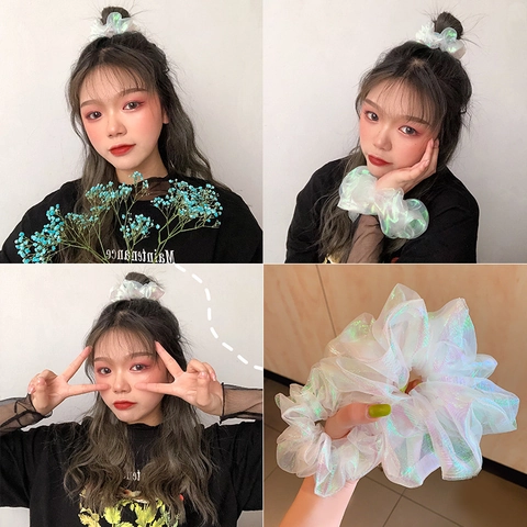 Holographic Organza Scrunchies Floral Daisy Print Elastic Hair Bands Sweet Fairy Ponytail Holder For Women Girls