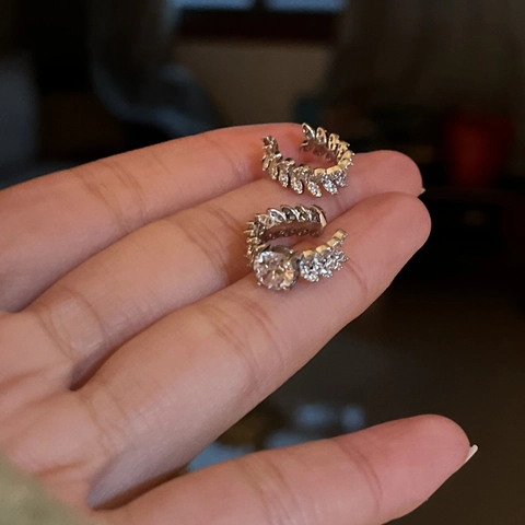 Orecchino Ear Cuff In Rame Argentato Design Foglia Zirconia Senza Buco Orecchini A Clip Gioielli Da Donna