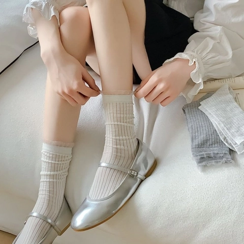 Damen Crew Socken Bambusfaser Atmungsaktiv Schweißabsorbierend Spitzenbesatz Rippstrick Japanischer Stil Mori Girl Süß Modisch